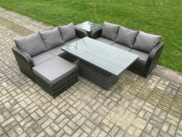Rackhams Outdoor Rattan Garden Furniture Sets Height Adjustable Rising lifting Dining Table Sofa Set with Side Table Big Footstool Dark Grey Mixed - thumbnail 2