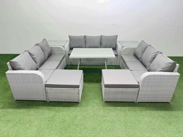 Rackhams 11 Seat Outdoor PE Rattan Garden Furniture with Cushions 3 Seater Sofa 2 Side Tables 2 Big Stools Light Grey - image 1