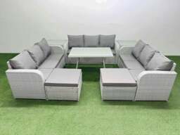 Rackhams 11 Seat Outdoor PE Rattan Garden Furniture with Cushions 3 Seater Sofa 2 Side Tables 2 Big Stools Light Grey