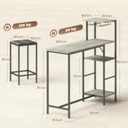 Rackhams 3Pcs Breakfast Bar Table and Stools Set 4-tier shelving - Rustic Brown - thumbnail 4