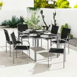 Rackhams 7 Piece Garden Dining Set, Steel Outdoor Table and Chairs, Black - Black - Steel, Breathable Mesh - 150L x 90W x 72H cm - thumbnail 1