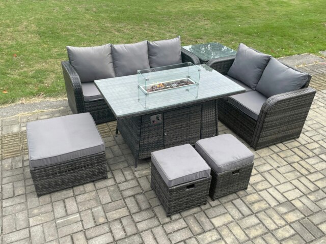 Rackhams Garden Patio Furniture Wicker Rattan Gas Fire Pit Table and Sofa Chair set with Side Table 3 Footstools Dark Grey Mixed - image 1