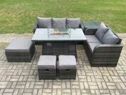 Rackhams Garden Patio Furniture Wicker Rattan Gas Fire Pit Table and Sofa Chair set with Side Table 3 Footstools Dark Grey Mixed - thumbnail 2