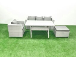 Rackhams Garden Dining Set Outdoor Rattan Furniture Set with Sofa Dining Table Big Footstool Light Grey Mixed - thumbnail 1