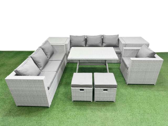 Rackhams Outdoor Rattan Garden Furniture Dining Set 9 seater Patio Rectangular Table 3 Seater Sofa Armchair Set with 2 Side Tables 2 Small Stools - image 1