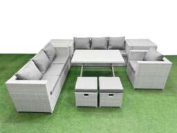 Rackhams Outdoor Rattan Garden Furniture Dining Set 9 seater Patio Rectangular Table 3 Seater Sofa Armchair Set with 2 Side Tables 2 Small Stools - thumbnail 1