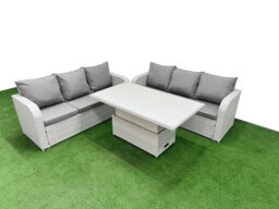 Rackhams 6-Seater Light Grey Rattan Outdoor Lounge Set - Adjustable Coffee/Dining Table, High Back Sofa