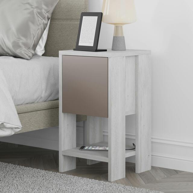 Rackhams Ema Modern Bedside Table with Storage Drop-Door Cabinet 30cm Width - Mocha Grey-Ancient White - image 1