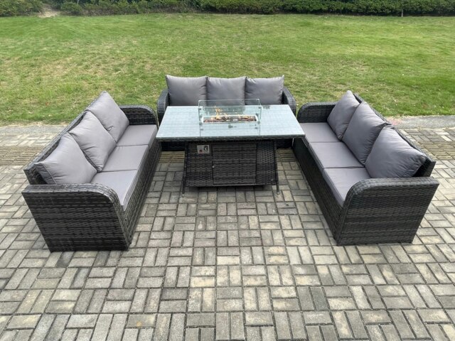 Rackhams Rattan Garden Furniture Set with Fire Pit Table 4 Pieces Outdoor Lounge Sofa Set Dark Grey Mixed - image 1