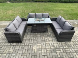 Rackhams Rattan Garden Furniture Set with Fire Pit Table 4 Pieces Outdoor Lounge Sofa Set Dark Grey Mixed - thumbnail 1
