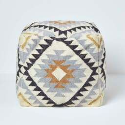 Rackhams Agra Gold and Black Kilim Footstool Handwoven Beanbag Pouffe - 43 x 43 cm