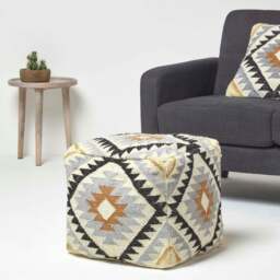 Rackhams Agra Gold and Black Kilim Footstool Handwoven Beanbag Pouffe - 43 x 43 cm - thumbnail 2