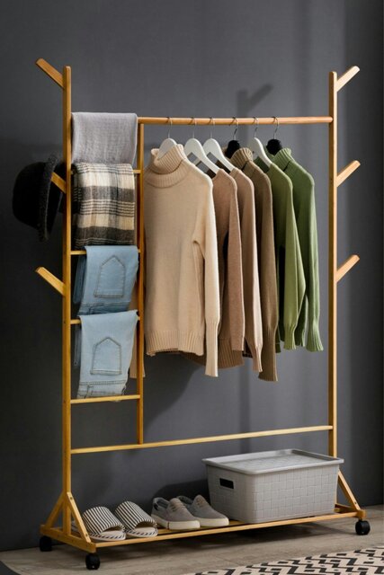 Rackhams Stylish Bamboo Clothes Rack with Bottom Shelf Versatile Shoe and Clothing Organizer - Natural - image 1