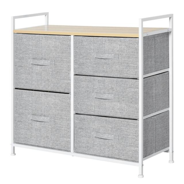 Rackhams 5 Drawer Linen Basket Storage Unit Home Organisation w/ Shelf Handles Metal Frame Adjustable Feet Hallway Home Dresser Grey - image 1
