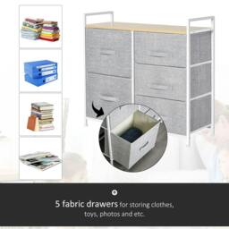 Rackhams 5 Drawer Linen Basket Storage Unit Home Organisation w/ Shelf Handles Metal Frame Adjustable Feet Hallway Home Dresser Grey - thumbnail 5