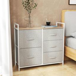 Rackhams 5 Drawer Linen Basket Storage Unit Home Organisation w/ Shelf Handles Metal Frame Adjustable Feet Hallway Home Dresser Grey - thumbnail 2