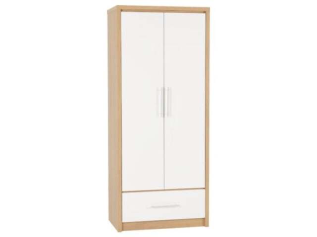 Rackhams Seville 2 Door 1 Drawer Double Wardrobe - White High Gloss and Light Oak - image 1