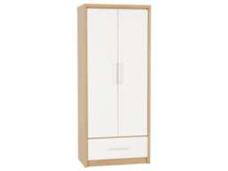 Rackhams Seville 2 Door 1 Drawer Double Wardrobe - White High Gloss and Light Oak - thumbnail 1