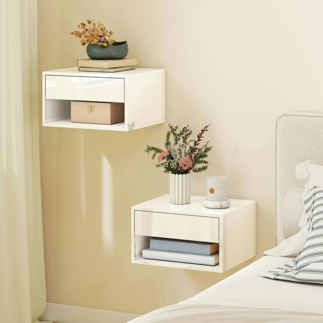 Rackhams Floating Nightstands Set of 2, Bedside Table w/ Drawer and Open Shelf - White - image 1