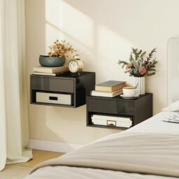 Rackhams Floating Nightstands Set of 2, Bedside Table w/ Drawer and Open Shelf - White - thumbnail 2