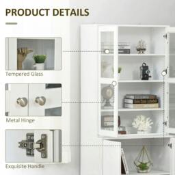 Rackhams Modern Bookcase with Glass Doors, Display Storage Cabinet with Adjustable Shelves for Living Room, White - White - thumbnail 6