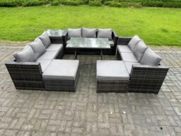 Rackhams 11 Seater Rattan Outdoor Furniture Lounge Sofa Garden Dining Set with Dining Table Side Table 2 Big Footstools Dark Grey Mixed - thumbnail 1