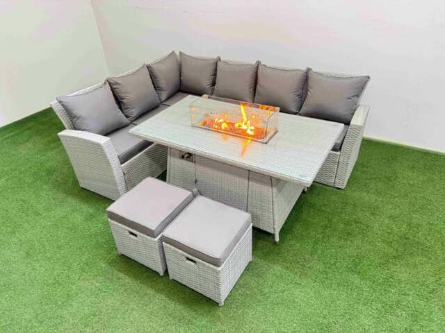 Rackhams 8 Seat Rattan Garden Furniture Corner Sofa Set Outdoor Gas Fire Pit Table Sets with 2 Small Footstools Light Grey - image 1