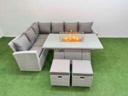 Rackhams 8 Seat Rattan Garden Furniture Corner Sofa Set Outdoor Gas Fire Pit Table Sets with 2 Small Footstools Light Grey - thumbnail 2