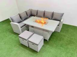 Rackhams 8 Seat Rattan Garden Furniture Corner Sofa Set Outdoor Gas Fire Pit Table Sets with 2 Small Footstools Light Grey
