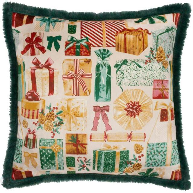 Rackhams All Wrapped Up Faux Fur Cushion Cover - Emerald/Red - 50cm x 50cm - Emerald/Red - 100% Polyester - image 1