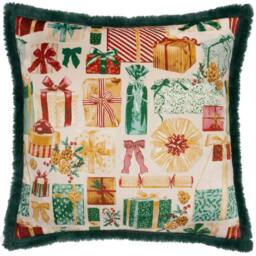 Rackhams All Wrapped Up Faux Fur Cushion Cover - Emerald/Red - 50cm x 50cm - Emerald/Red - 100% Polyester