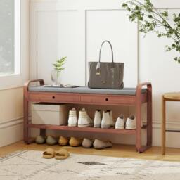 Rackhams Shoe Bench with 2 Drawers Cushioned Seat 105 cm - Dark Brown