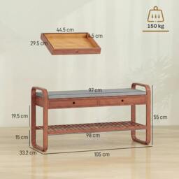 Rackhams Shoe Bench with 2 Drawers Cushioned Seat 105 cm - Dark Brown - thumbnail 3