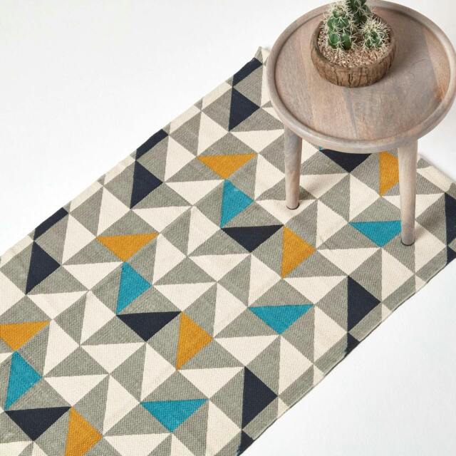 Rackhams Copenhagen Blue, Yellow and Grey 100% Cotton Geometric Style Scandi Printed Rug - 66 x 200 cm - image 1
