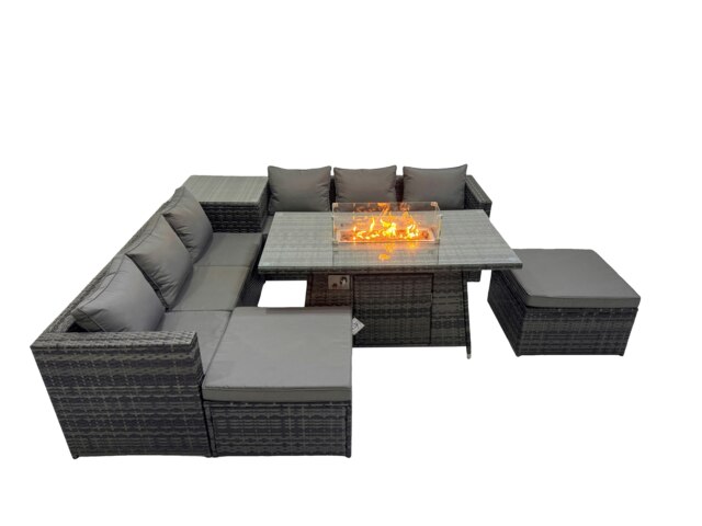 Rackhams 8 Seater Garden Outdoor Rattan Furniture Set Patio Corner Sofa Gas Fire Pit Dining Table with Side Table 2 Big Stools Dark Grey - image 1