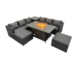 Rackhams 8 Seater Garden Outdoor Rattan Furniture Set Patio Corner Sofa Gas Fire Pit Dining Table with Side Table 2 Big Stools Dark Grey - thumbnail 2
