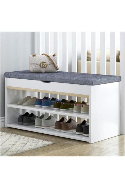Rackhams 3-Tier Shoe Storage Bench with Padded Seat - Grey - One Size - image 1
