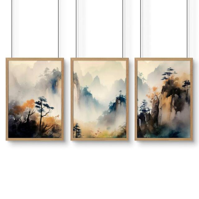 Rackhams Living Room Wall Decor Modern - Set of 3 Asian Inspired Wall art Prints - 20 x 30 in / 50 x 76 cm - Matte Museum Quality Art Paper 290 gsm - Oak Frame - image 1