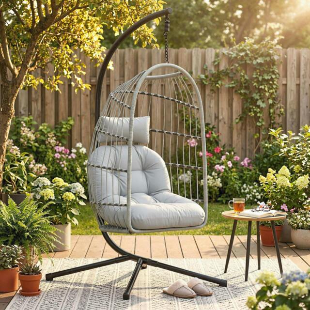 Rackhams Hanging Egg Chair, Outdoor Swing Chair with Stand - Light Grey - image 1