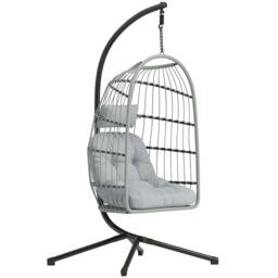Rackhams Hanging Egg Chair, Outdoor Swing Chair with Stand - Light Grey - Metal, PE rattan, polyester, cotton, PP cotton - 101W x 105D x 196H cm - thumbnail 2