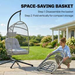 Rackhams Hanging Egg Chair, Outdoor Swing Chair with Stand - Light Grey - Metal, PE rattan, polyester, cotton, PP cotton - 101W x 105D x 196H cm - thumbnail 5