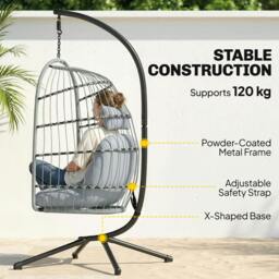 Rackhams Hanging Egg Chair, Outdoor Swing Chair with Stand - Light Grey - Metal, PE rattan, polyester, cotton, PP cotton - 101W x 105D x 196H cm - thumbnail 4