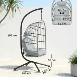 Rackhams Hanging Egg Chair, Outdoor Swing Chair with Stand - Light Grey - Metal, PE rattan, polyester, cotton, PP cotton - 101W x 105D x 196H cm - thumbnail 3