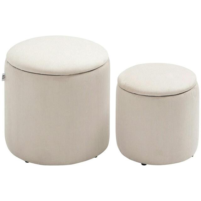 Rackhams Set of 2 Round Ottoman with Storage, Fabric Vanity Stool for Makeup, Footrest Stool with Removable Lid for Living Room & Bedroom, Cream White - image 1