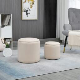 Rackhams Set of 2 Round Ottoman with Storage, Fabric Vanity Stool for Makeup, Footrest Stool with Removable Lid for Living Room & Bedroom, Cream White - thumbnail 2