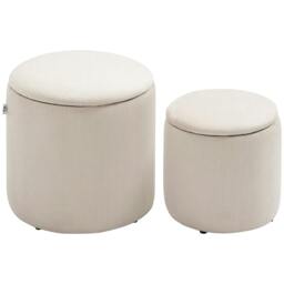 Rackhams Set of 2 Round Ottoman with Storage, Fabric Vanity Stool for Makeup, Footrest Stool with Removable Lid for Living Room & Bedroom, Cream White - thumbnail 1