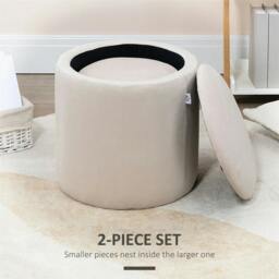 Rackhams Set of 2 Round Ottoman with Storage, Fabric Vanity Stool for Makeup, Footrest Stool with Removable Lid for Living Room & Bedroom, Cream White - thumbnail 4