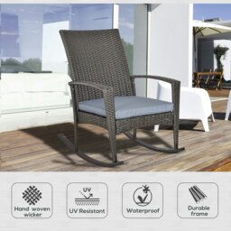 Rackhams Garden Rattan Rocking Chair, Bistro Recliner Rocker Furniture Seater - Grey - PE rattan, Fabric, Steel - 66cm x 88cm x 98cm - thumbnail 3