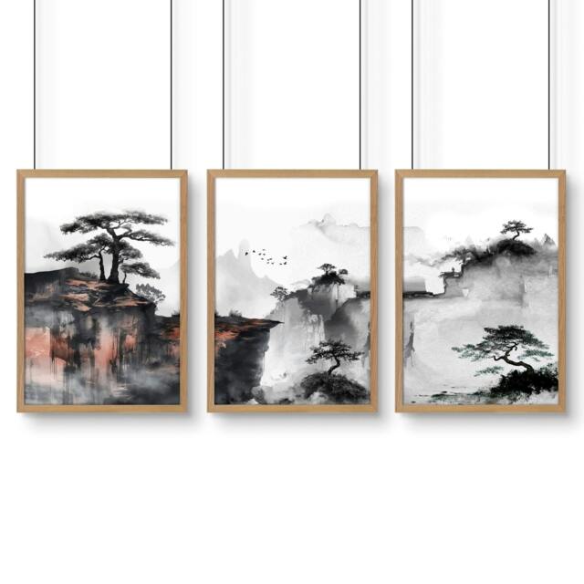 Rackhams Living Room Wall Decoration - Set of 3 Asian Inspired Wall art Prints - 20 x 30 in / 50 x 76 cm - Matte Museum Quality Art Paper 290 gsm - Oak Frame - image 1