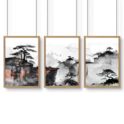 Rackhams Living Room Wall Decoration - Set of 3 Asian Inspired Wall art Prints - 20 x 30 in / 50 x 76 cm - Matte Museum Quality Art Paper 290 gsm - Oak Frame - thumbnail 1